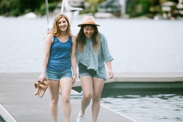 Young female friends together at a lake